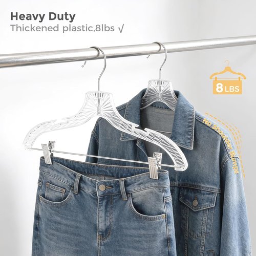 HOUSE DAY Clear Plastic Pants Hangers - 12 Pack Non-Slip Skirt Hangers with Adjustable Clips & 360° Swivel Hook