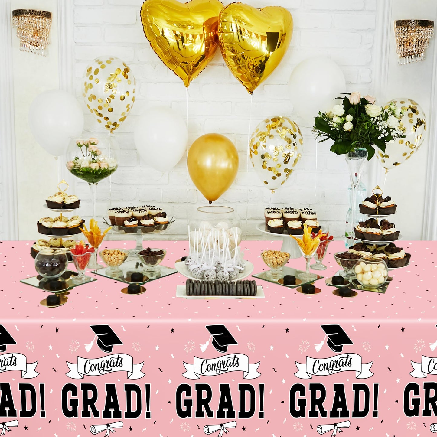 QZYL 2 PCS Graduation Tablecloth, 108" X 54" Pink Graduation Decorations 2026, Disposable Plastic Tablecover for Class of 2026 Congrats Grad, Rectangle Table Cloths for Grad Decor Party Supplies