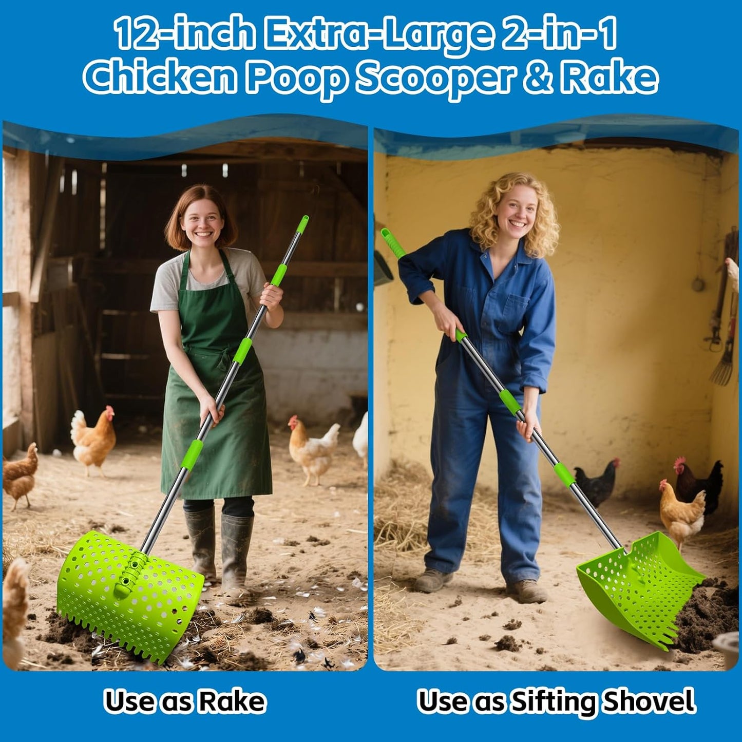 Skiennix 12-Inch Chicken Poop Scooper & Rake - Stainless Steel Handle with 3-Shape Sifting Holes | Adjustable 20-61" (Green)