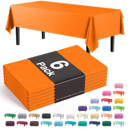 Exquisite Party Solids 6-Pack Premium Plastic Tablecloth 54in. x 108in. Rectangle Plastic Table Cover - Orange