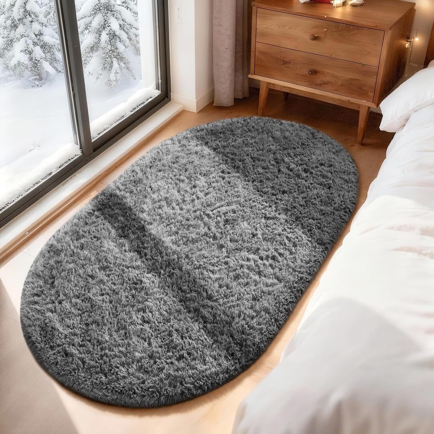 Ophanie Grey Oval Area Rug - Soft Plush Shaggy Carpet for Bedroom & Living Room | 3x5 ft