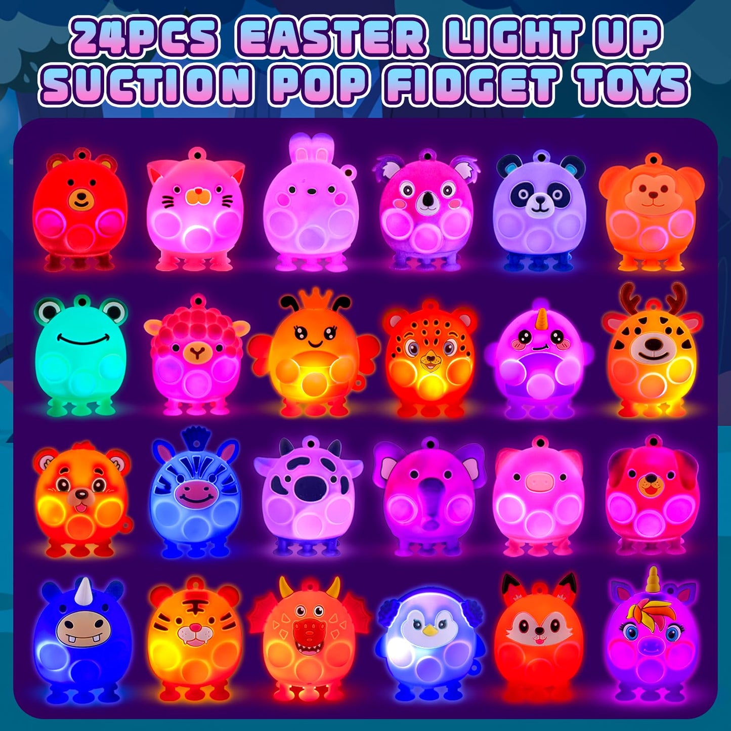 ChildFun Prefilled Easter Eggs with Light Up 3D Animal Pop Toys, 24 Pack Easter Eggs Filled, Easter Basket Stuffers for Toddler Eggs Hunt, Glow in The Dark Easter Egg, Easter Gifts for Kids
