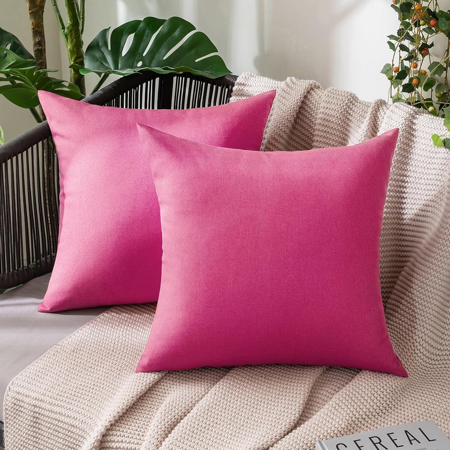 MIULEE Decorative Outdoor Throw Pillow Covers - Waterproof Faux Linen Cushion Cases | 18x18 Inch Hot Pink (Pack of 2)