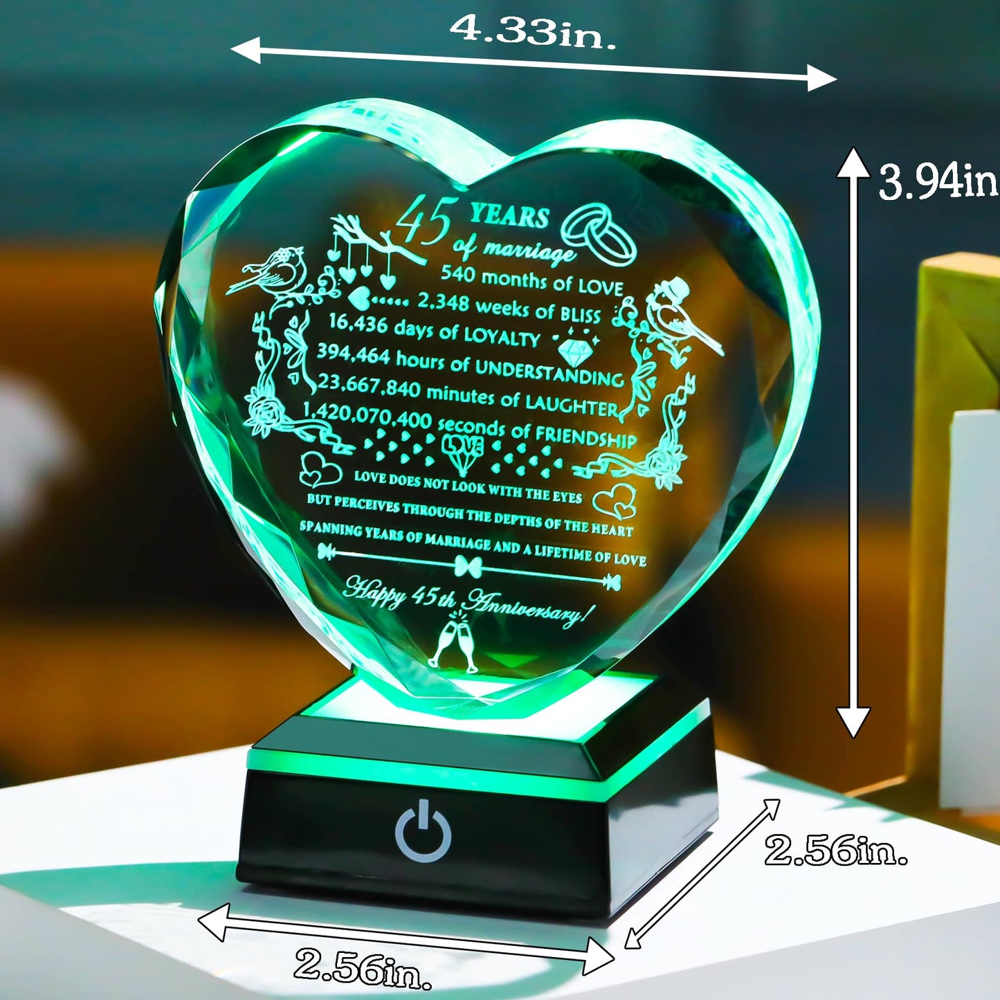 YWHL 45th Wedding Anniversary Crystal Gifts with Colorful LED Base Engraved Happy 45th Anniversary Heart Keepsake Gift for Couples Parents Romantic 45 Years of Marriage Gifts for Wife Husband