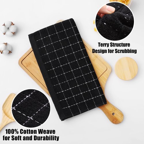 Homaxy 100% Cotton Terry Kitchen Dish Cloths, Ultra Soft and Absorbent Dish Towels for Kitchen, Suitable for Drying and Washing Dishes, 18 Pack, 12 x 12 Inches, Black