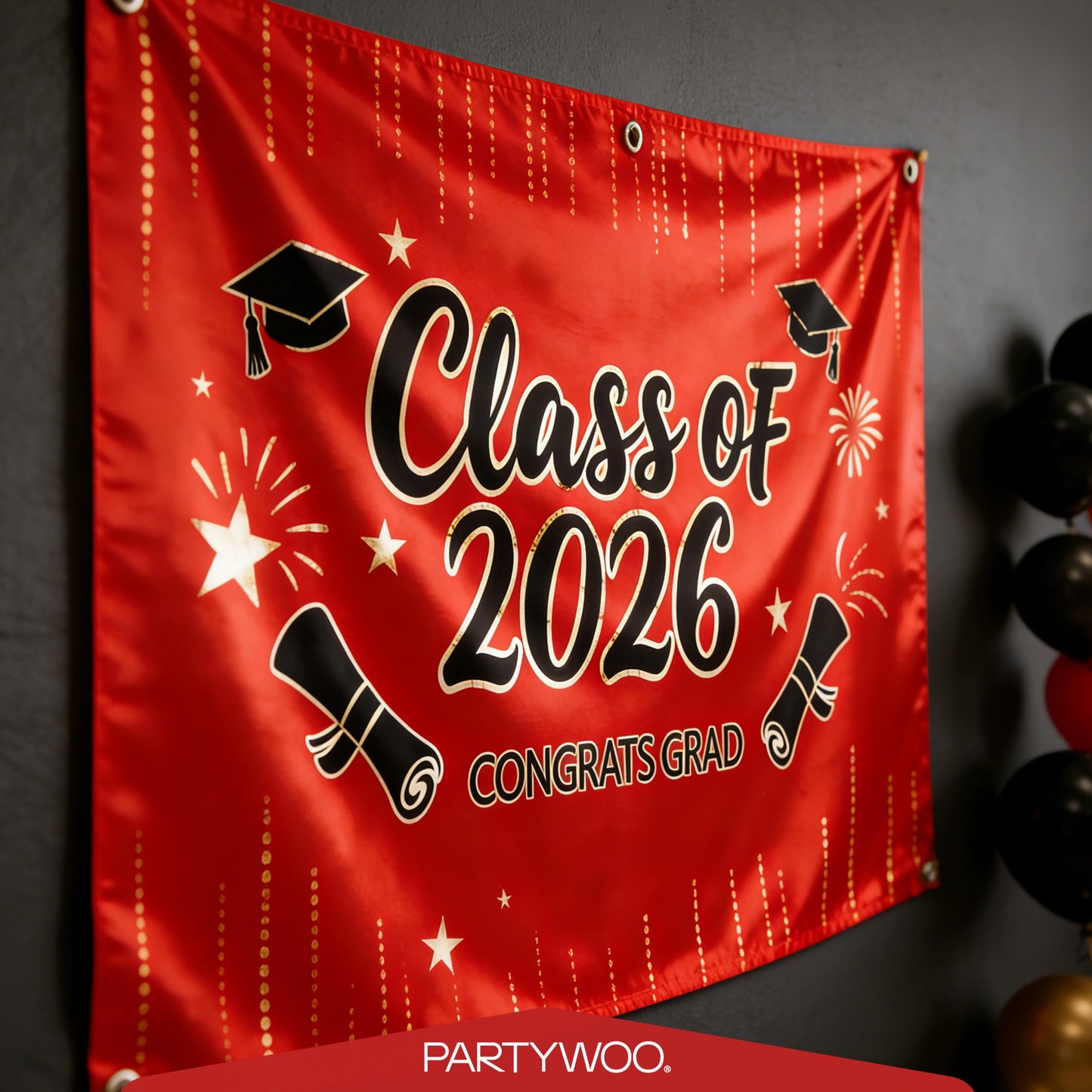PartyWoo Graduation Decorations Class of 2026 Grad Party Supplies Set with Congrats Grad Red Black Pink Backdrop Banner Hanging Swirls Foil Latex Balloons Graduation Cap Centerpieces Party 40pcs