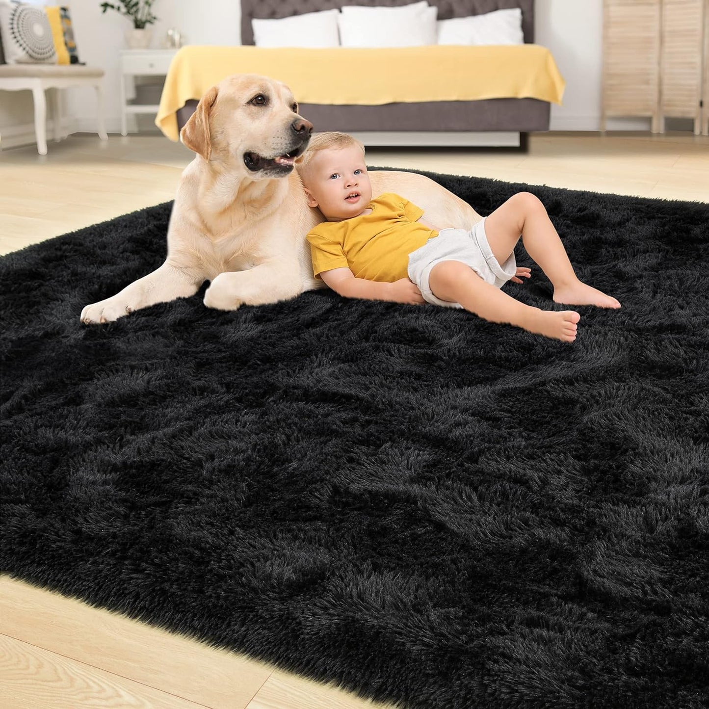 Tepook Super Soft Fluffy Rug - Modern Shaggy Fuzzy Indoor Carpet | Non-Slip, Black, 4 x 6 Feet