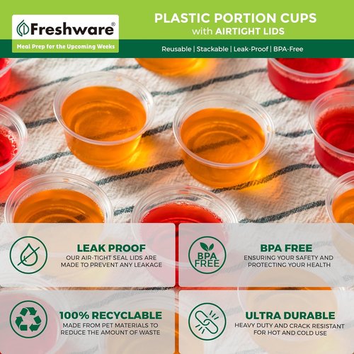 Freshware Portion Cups - 2 Ounce Disposable Plastic Cups with Lids | 100 Sets for Meal Prep & Sauces