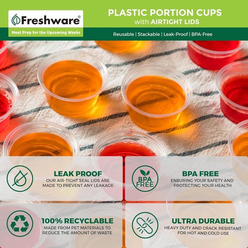 Freshware Portion Cups - 3.25 Ounce Disposable Plastic Cups with Lids for Meal Prep & Sauces | 100 Sets