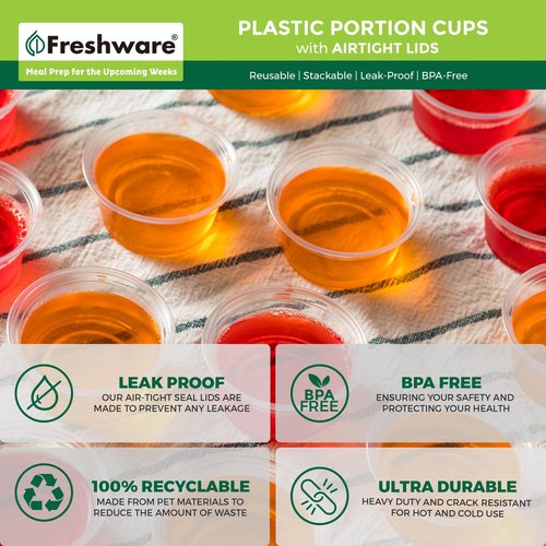 Freshware Plastic Portion Cups with Lids [2 Ounce, 100 Sets] Disposable Plastic Cups for Meal Prep, Salad Dressing, Jellos Shot Cups, Souffle Cups, Condiment and Dipping Sauce Cups