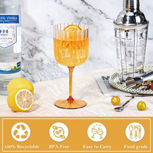 48 PCS Plastic Ribbed Wine Glasses 11oz Clear and Amber Detachable Wine Goblet Unbreakable Vintage Ripple Water Goblets Cocktail Drinking Cups for Parties Weddings Poolside Outdoors