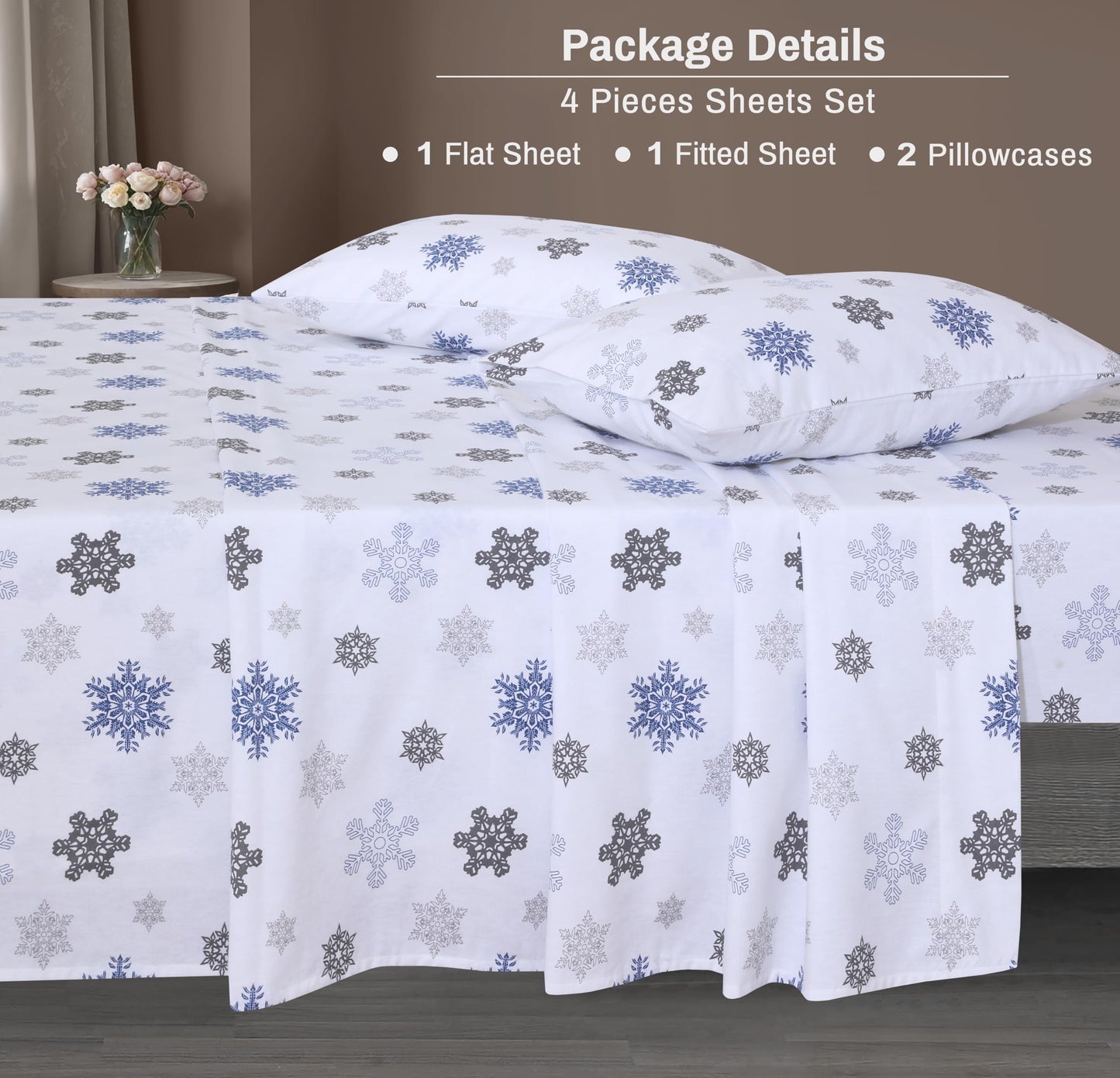 ZOYER Flannel Sheets King Size Set - Soft & Comfy Deep Pocket Cotton Flannel Bedding, Fitted Up to 16", Double Brushed King Bed Sheets, 4 Pieces, White Snow