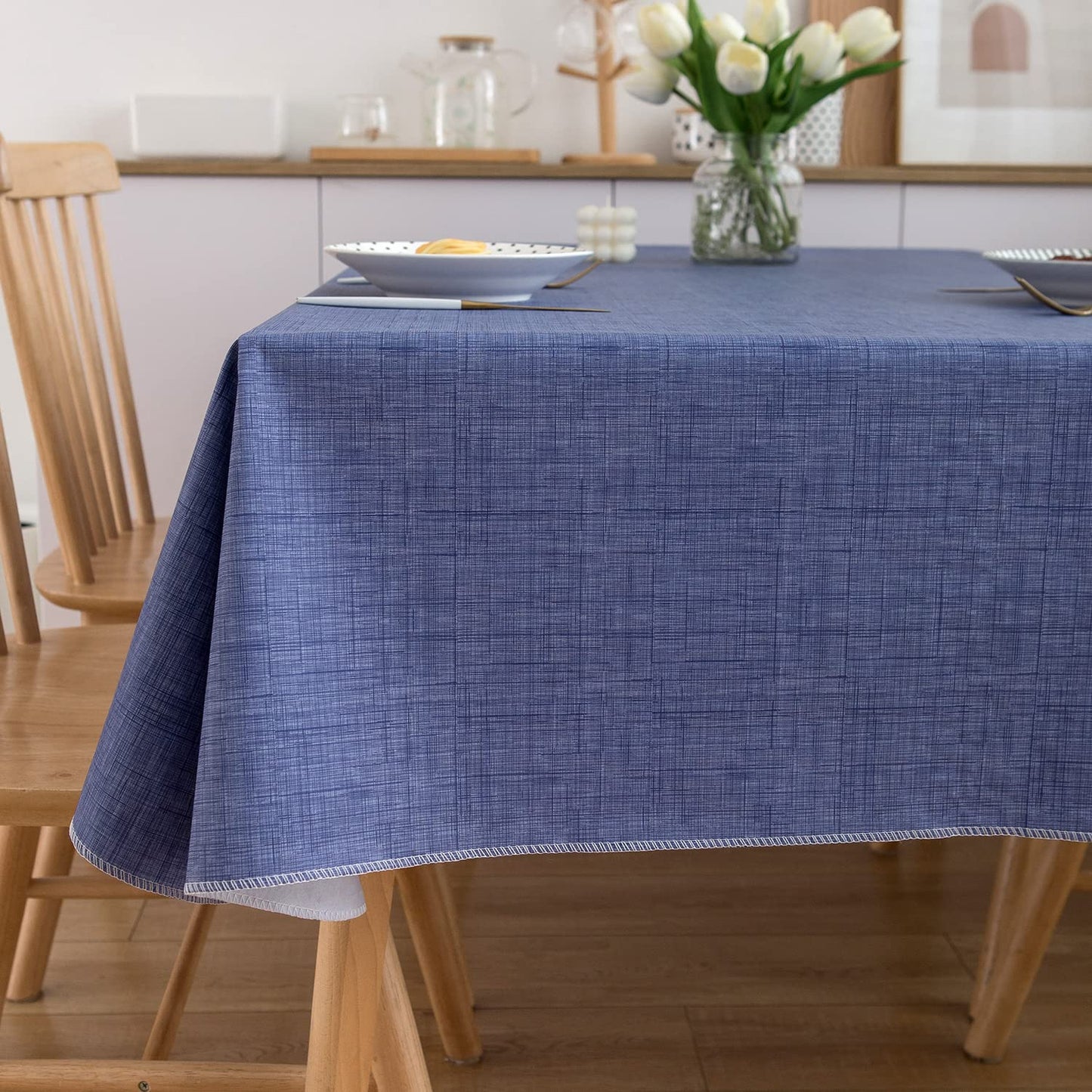 Pioggia Vinyl Tablecloth with Flannel Backing Rectangle Waterproof Oil-Proof Plastic Table Cloth Wipeable PVC Table Cover for Indoor and Outdoor (Blue, 60 x 84 Inch)