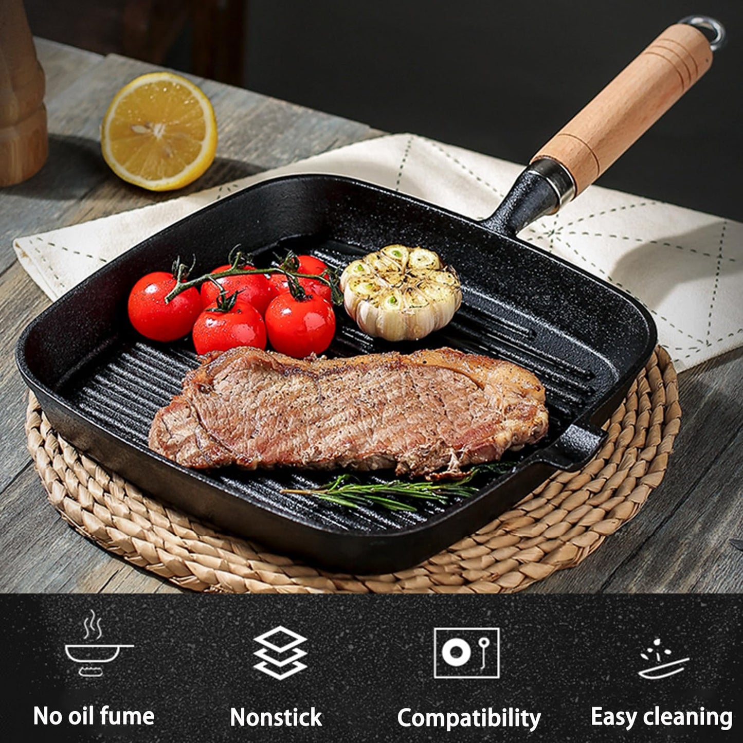 JUSTUP Nonstick Frying Pan,9.1 Inch Pre-Seasoned Cast Iron Square Grill Pan with Diversion Port,Steak Pot Breakfast Skillet for Bacon,Steak and Burgers (Black)