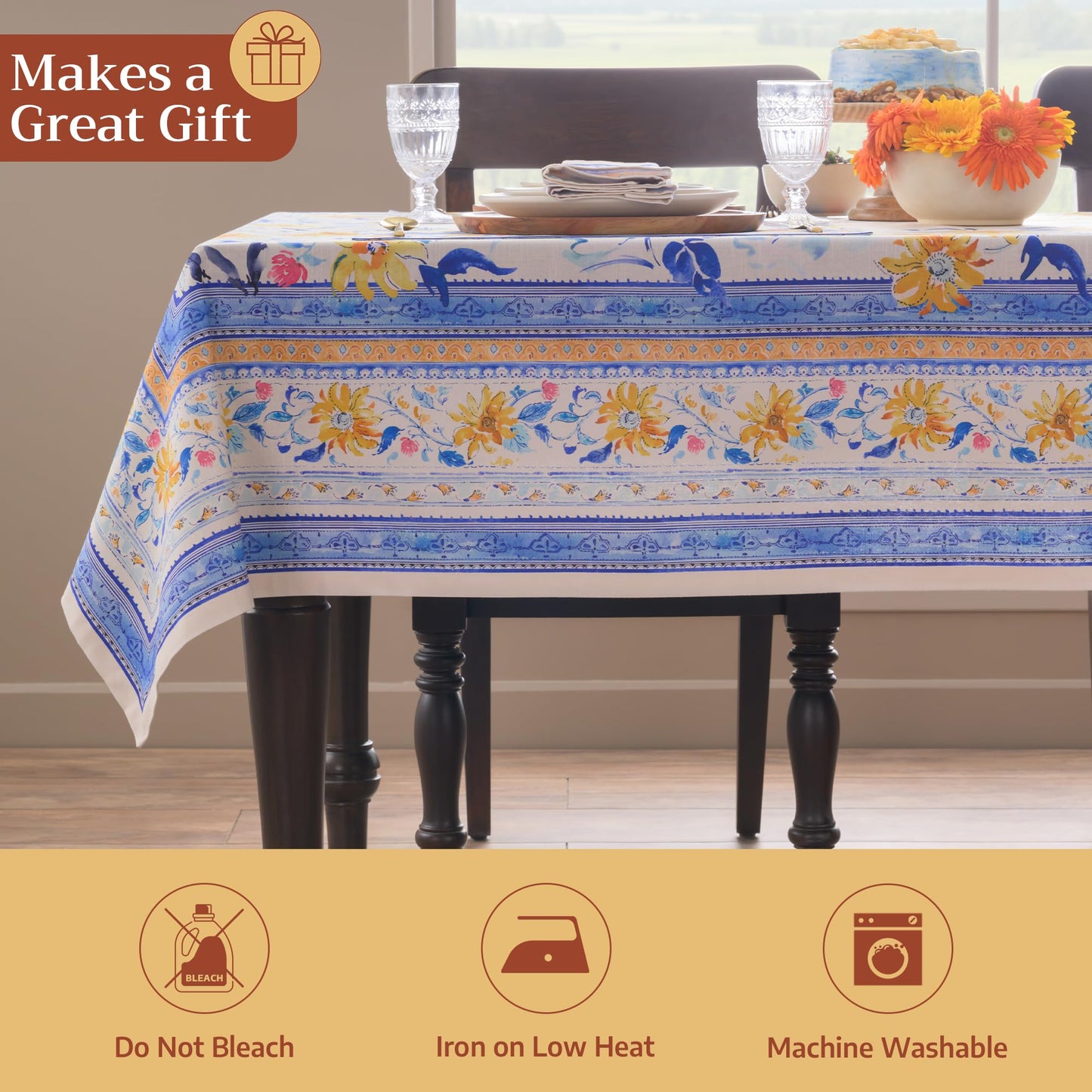 Maison d' Hermine Table Cloth Rectangle Table 100% Cotton 70 x 90 Inches Tablecloth Reusable Decorative for Dining Kitchen Room Farmhouse Home Gifts for Mothers Day Spring Summer - Girassol