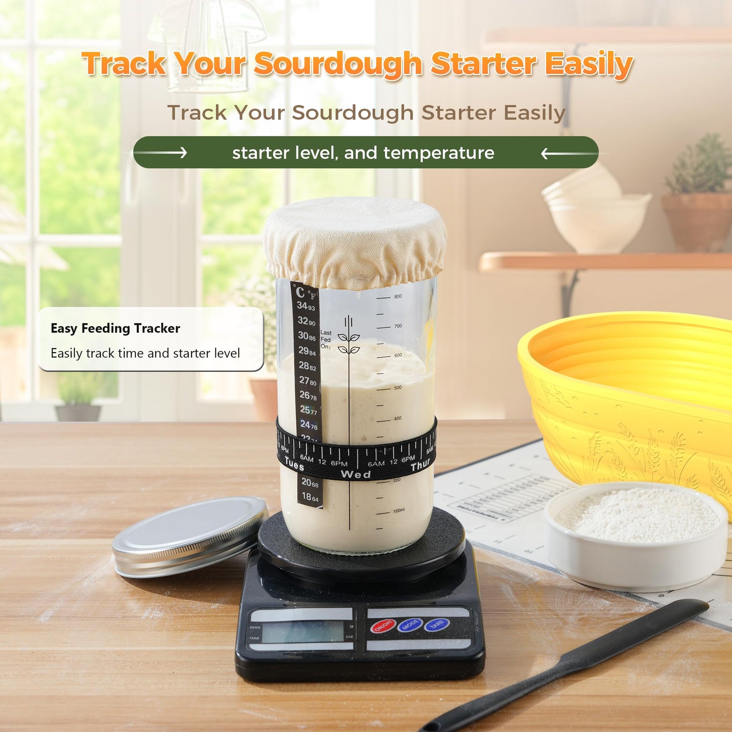 Sourdough Starter Kit for Beginners, 34 oz Starter Jar with Scale Marking, 2 Silicone Proofing Baskets, Complete Bread Baking Kit with Guide & Recipes, Easy to Use & Clean - Yellow