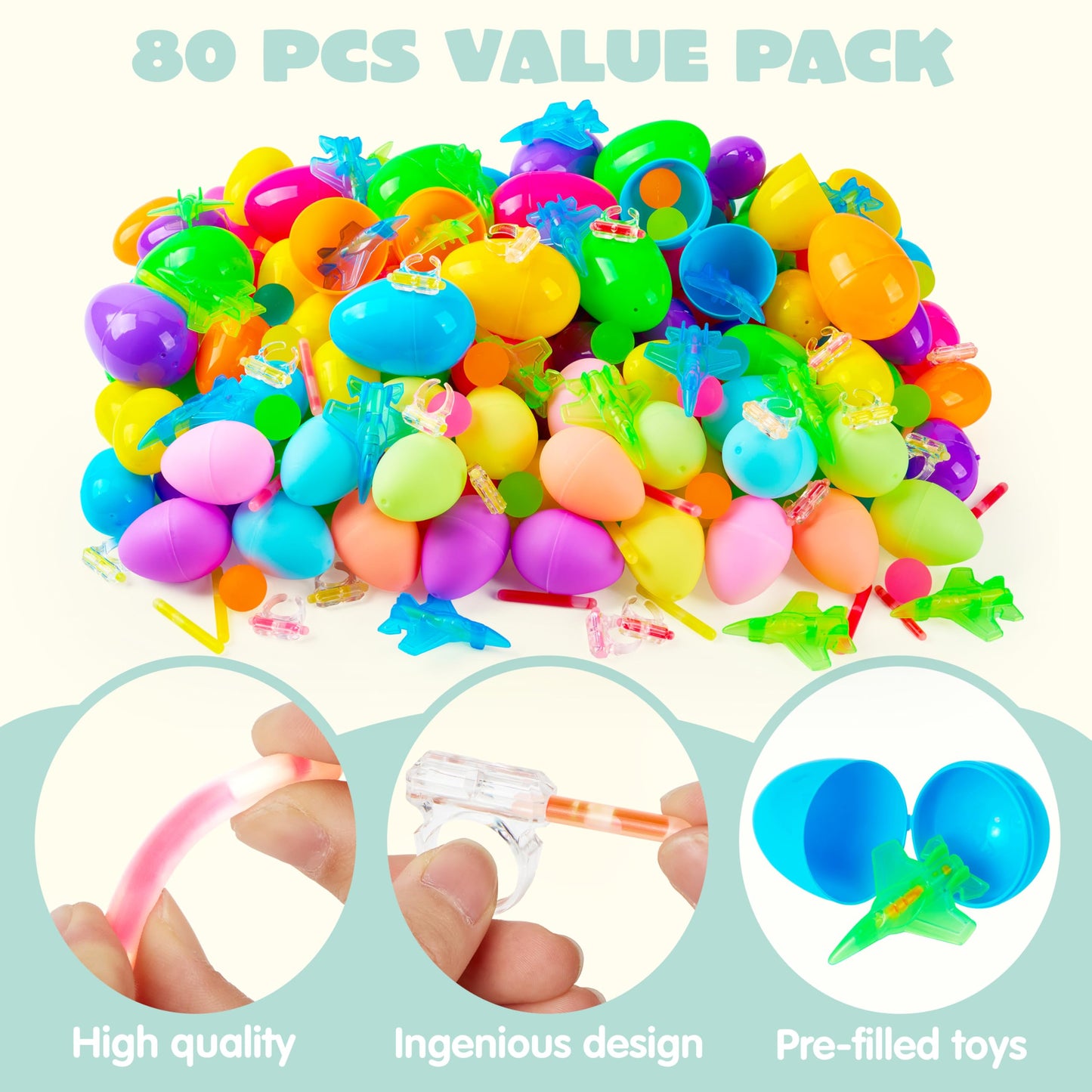 JOYIN 80 Pcs Easter Eggs with Glow Toys, 20 Mini Glow Sticks, 20 Rings, 20 Airplanes, 20 Balls, Glow-In-The-Dark Basket Stuffers for Kids, Filled Easter Egg Hunt, Class Prizes, Party Favors Supplies