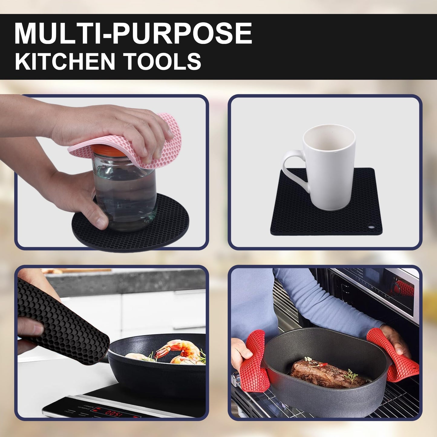AICMEI Silicone Trivets for Hot Pots and Pans,Multipurpose Non Slip Heat Resistant Pot Holder,Heat Resistant Pot Holders Silicone Mats for Kitchen Countertops/Table (Square)