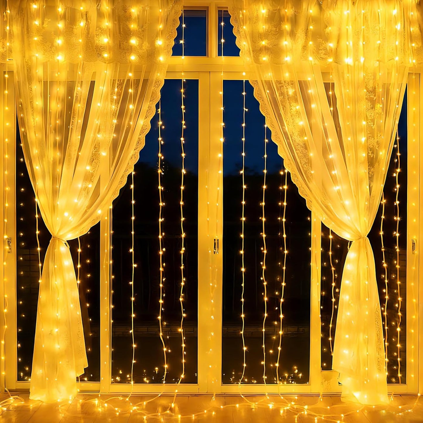 Skiennix 300 LED Fairy Curtain Lights - Dimmable Twinkle Lights with Remote & Timer | 9.8ft x 9.8ft, Warm White