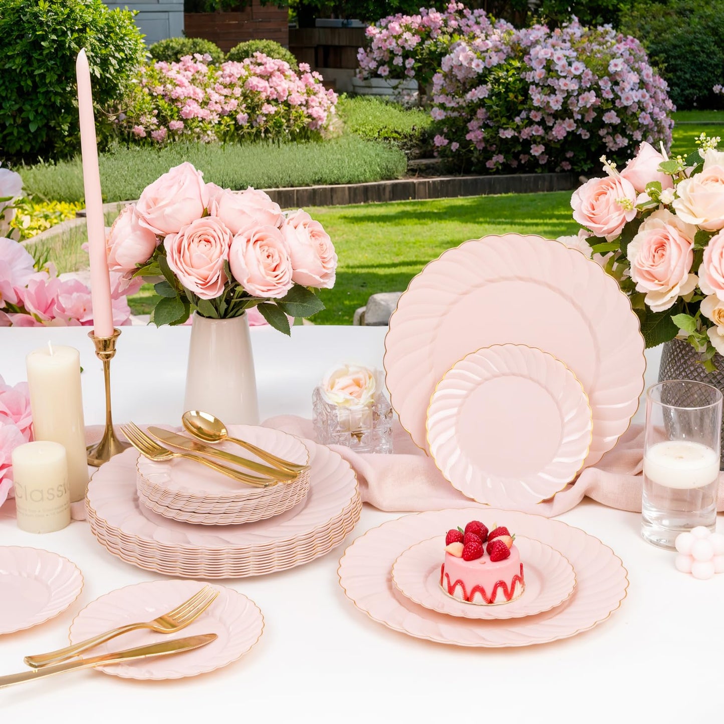 YOUBET 125Pcs Pink Plastic Plates with Gold Rim - Scalloped Plastic Plates Set Includes 25 Dinner, 25 Dessert Plate, 75 Gold Silverware for 25 Guests for Wedding Birthday Baby Shower Mothers Day