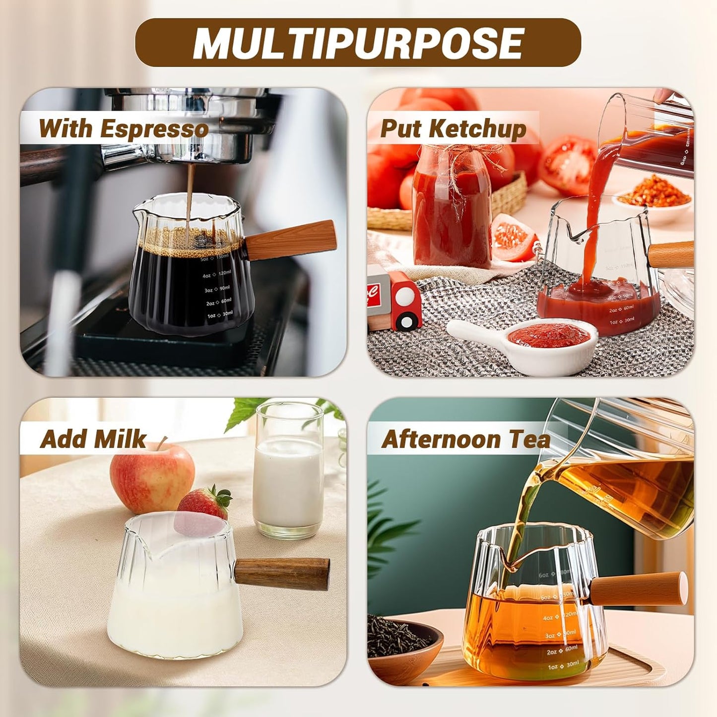 Skiennix Espresso Measuring Cup Set - 6 Oz Glass Cups with Wood Handle for Coffee & Milk Frothing
