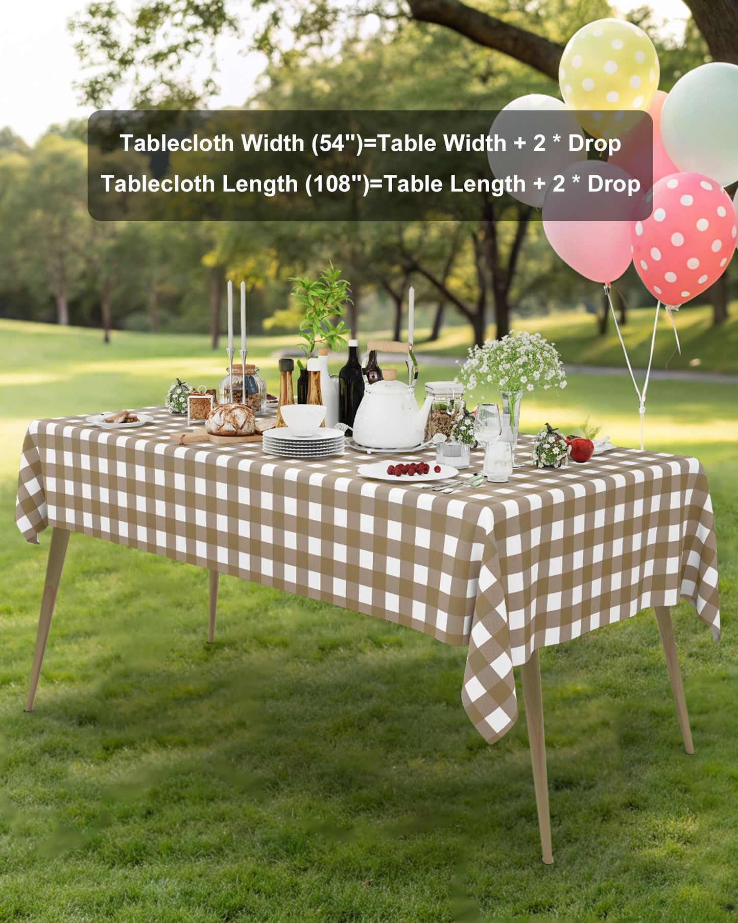 Smiry 8 Packs Gingham Disposable Table Cloth, 54 x 108 Inch Waterproof Plastic Tablecloth, Rectangle Khaki and White Checkered Table Covers for Outdoor, Birthday, Party