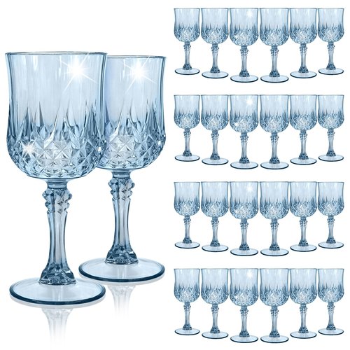 EVSGSONL 24Pack Blue Plastic Wine Glasses,Vintage Plastic Goblets for Parties, Dusty Blue Drinking Glasses Crystal Water Goblets Reusable for Wedding Reception, Grand Event Party Supplies