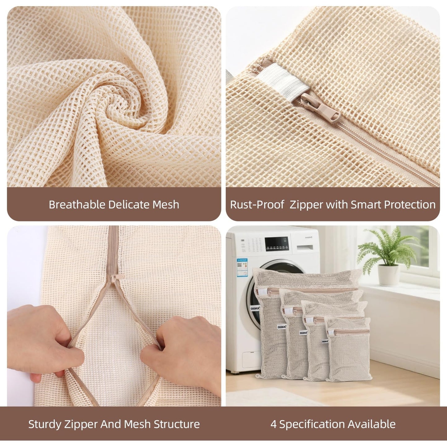OKAKA 100% Cotton Mesh Laundry Bags, Premium Soft, No Dye, Set of 4, Natural