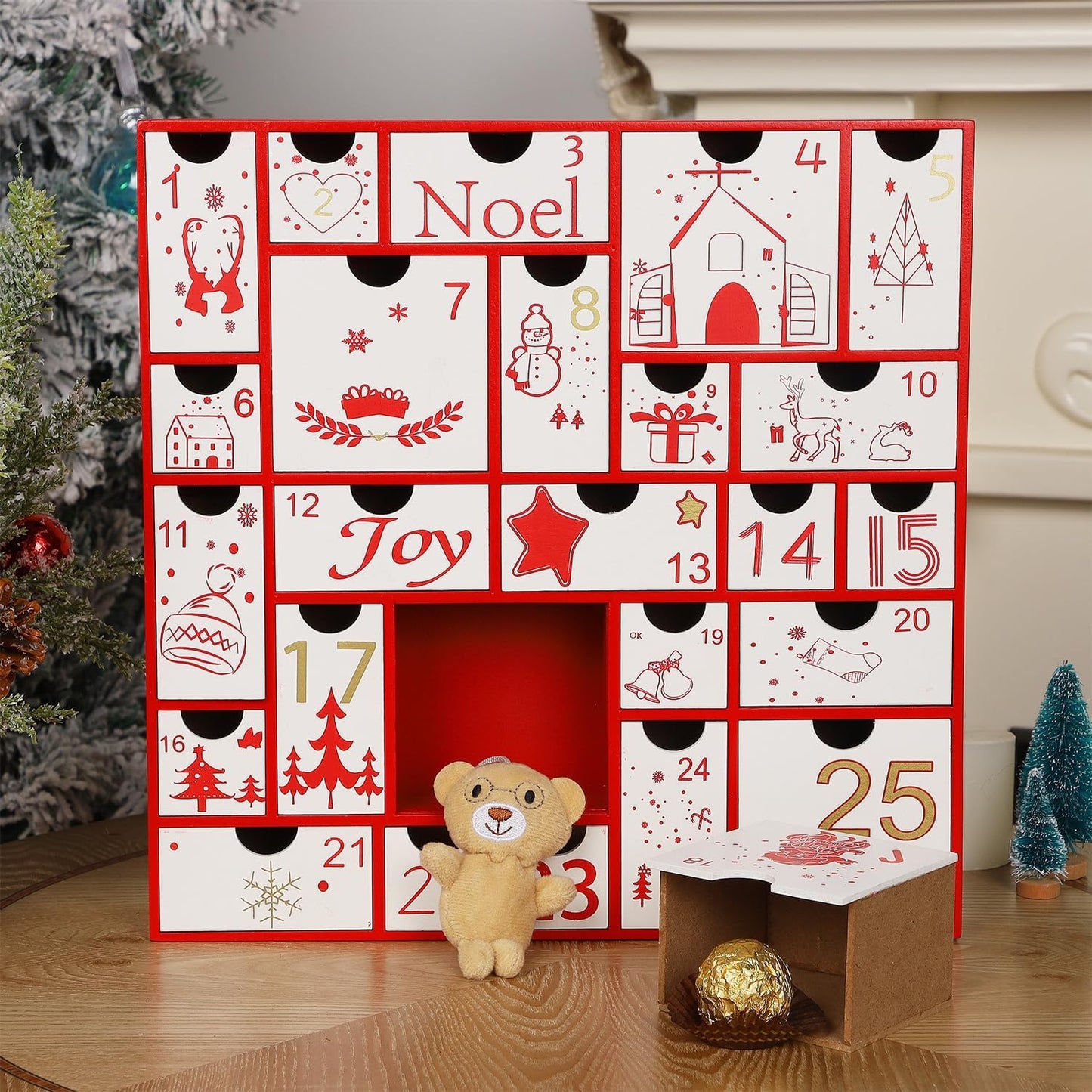 Juegoal Red Advent Calendar - 11.8 Inch Wooden Countdown Calendar with 25 Large Drawers | Hand-Painted Holiday Decor