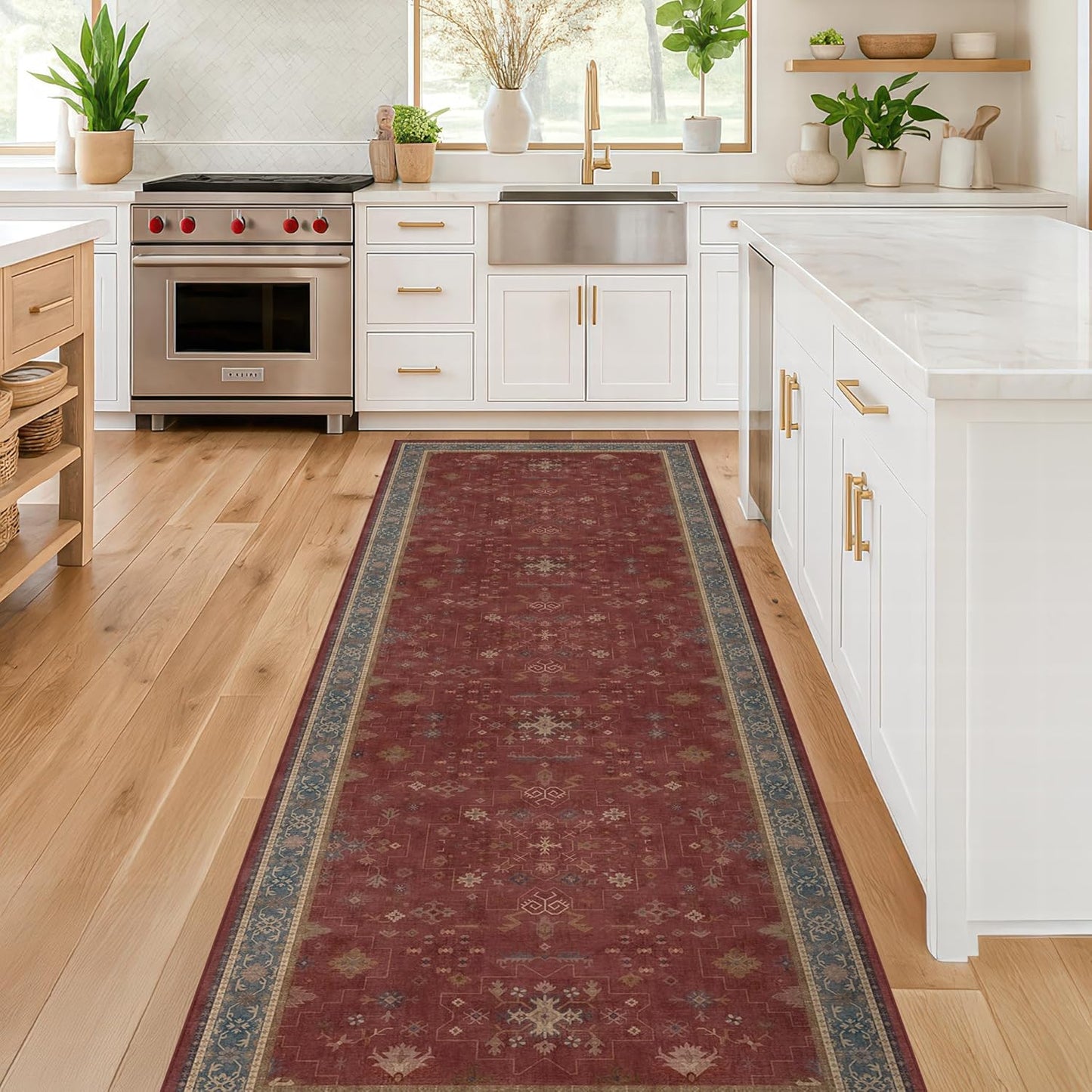 Regine Switzerland Dark Red 2'6''x8' Hallway Runner Rug - Washable Non-Slip Burgundy Floral Décor