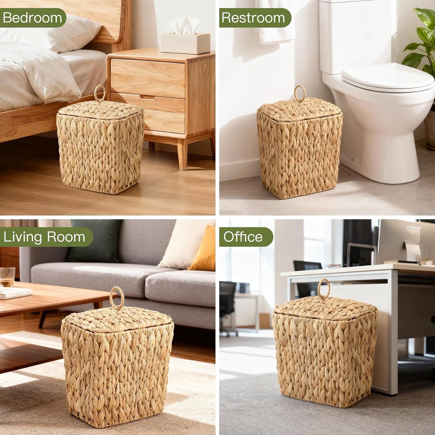 Wicker Waste Basket - Handwoven Water Hyacinth Trash Can with Lid | 2.5 Gal Rustic Decor for Home