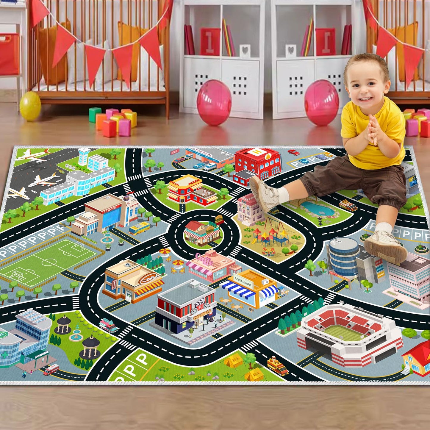 Kids Car Rug, Carpet Playmat for Toy Cars and Train, Road Traffic Play Mat for Kids, Play Area Rug with Non-Slip Backing, Ideal Gift for Children's Room playroom(4×6ft/47×71in)