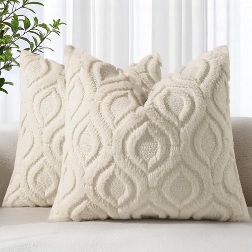 decorUhome Throw Pillow Covers - Soft Plush Faux Wool Beige | Set of 2, 18x18 Inch Square Accent Pillows for Living Room