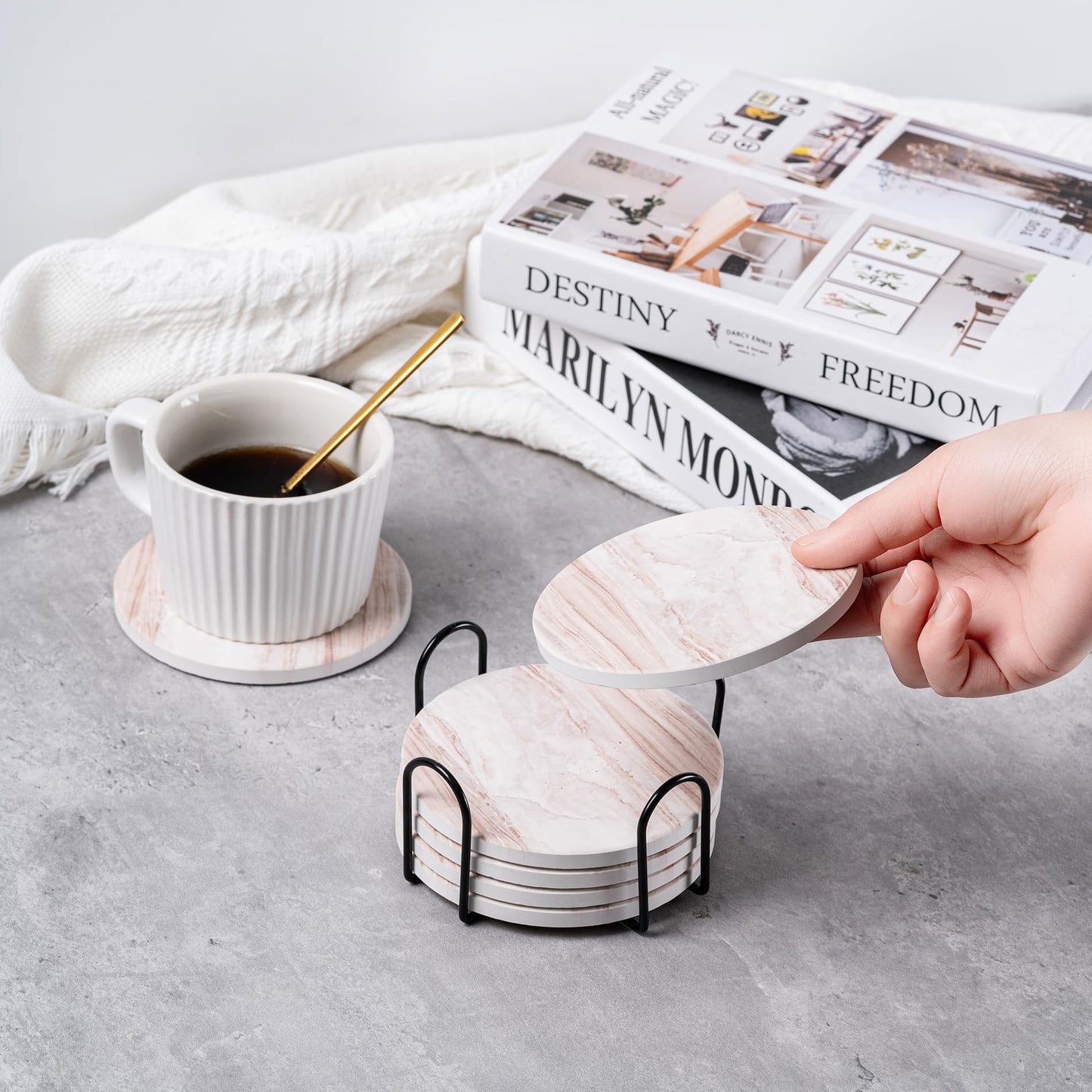 Hoewina 6Pcs Drink Coasters with Holder, Natural Style Ceramic Drink Coaster, Absorbent Coasters Set Suitable for Kinds of Cups, Modern Style Coasters for Coffee Table, 4 Inches（Style 5）