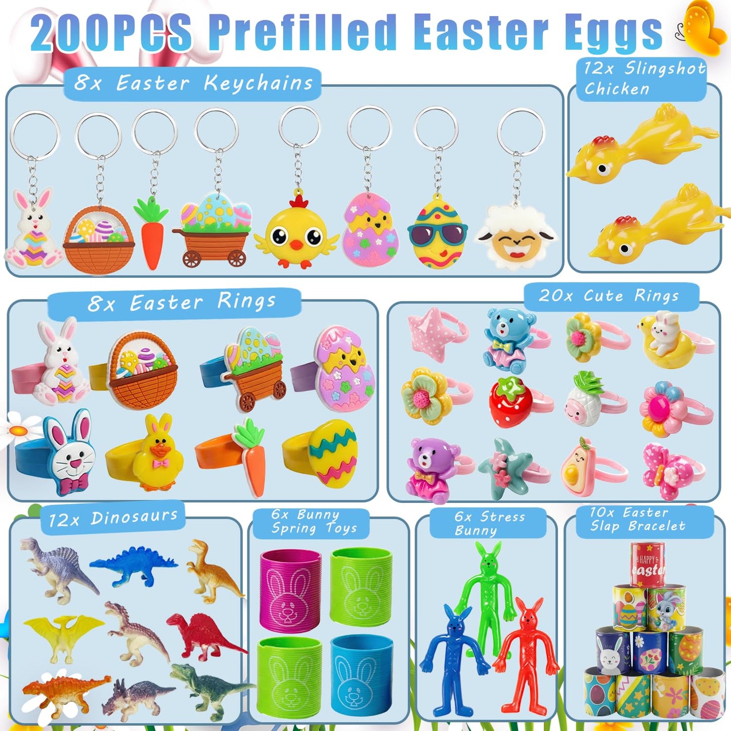 SQZUWIT 200 Pcs Prefilled Easter Eggs Filled with Toys Inside for Kids Boys Girls Pre-filled Easter Hunt Basket Stuffers Essentials Fillers Party Favors Classroom Prize Supplies