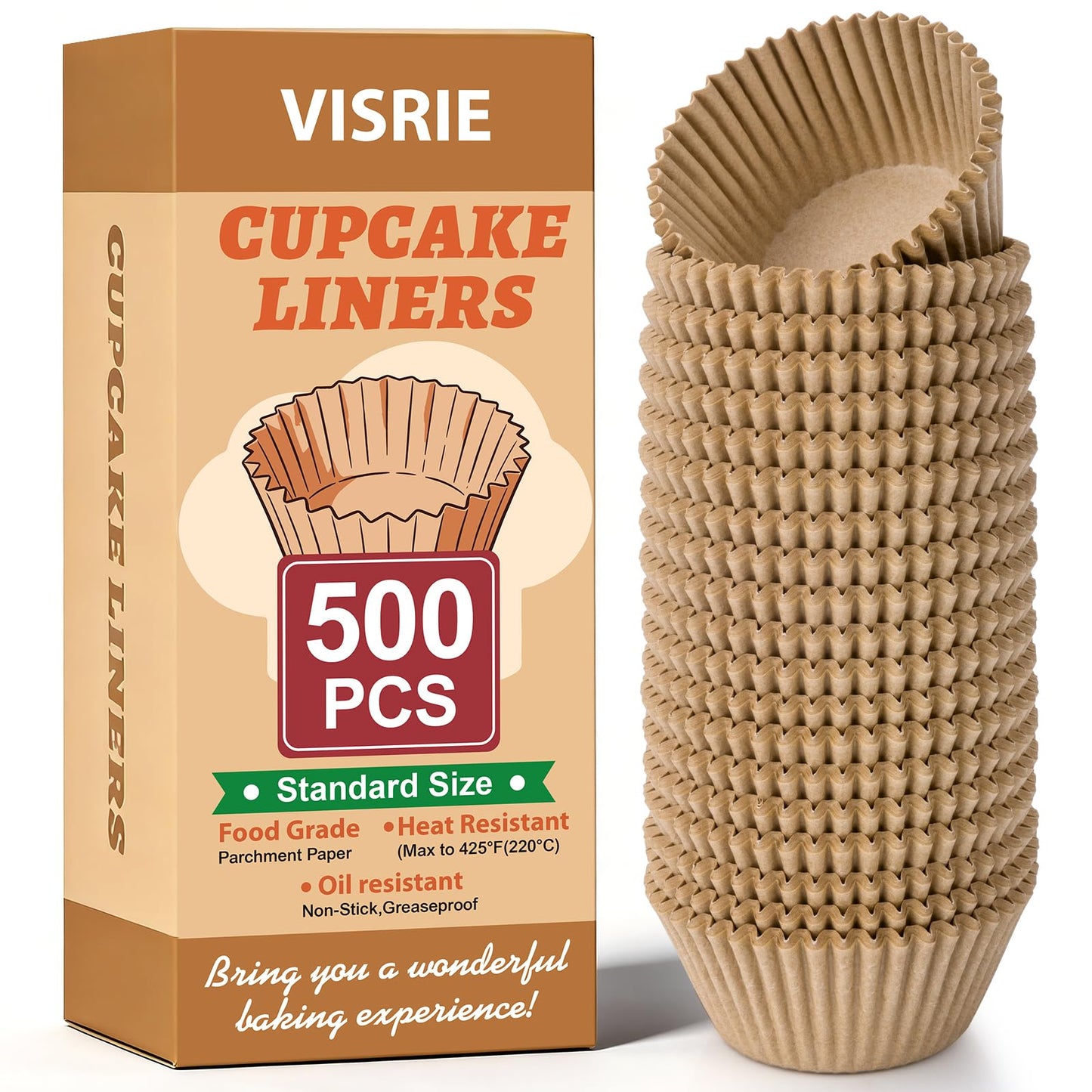 VISRIE 500Pcs Standard Cupcake Liners, Greaseproof & Non-Stick Muffin Liners, Food Grade Cupcake Liners for Baking, Parchment Baking Cups for Cupcakes, Muffins, Nuts