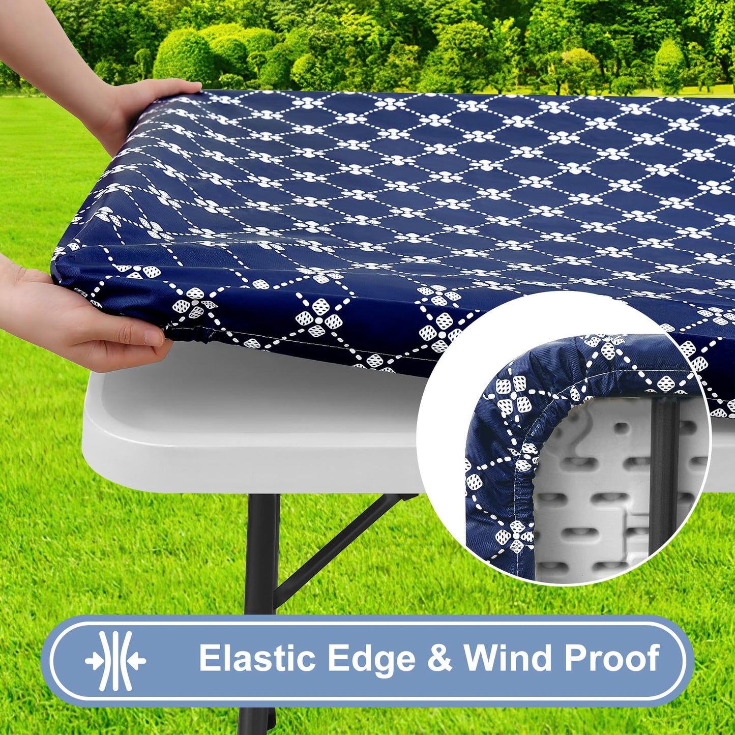 misaya Rectangle Vinyl Table Cloth, Elastic Fitted Tablecloth with Flannel Backing, Waterproof Plastic Table Cover Fits Folding Tables for Picnic, Camping, Indoor and Outdoor (Navy, 36" x 60")