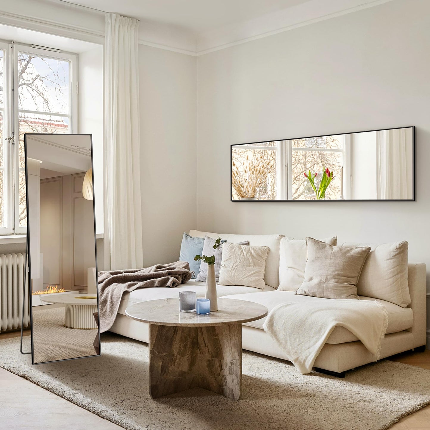 TRAHOME Full Length Mirror, 56" x 15" Standing Large Floor Mirror with Aluminum Frame for Bedroom, Living Room, Bathroom（Black