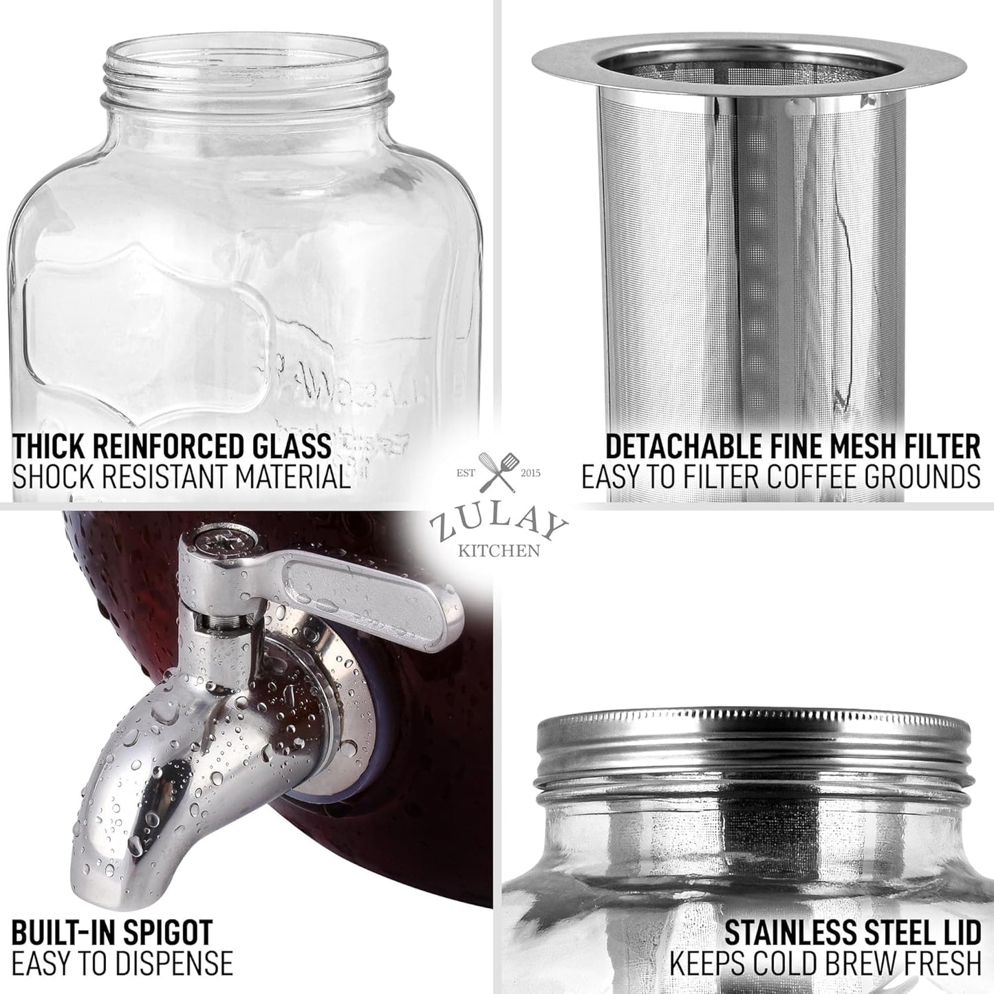 Zulay 1 Gallon Glass Drink Dispenser - Leak-Resistant with Spout Lid & Stainless Steel Filter | Perfect for Parties & Events