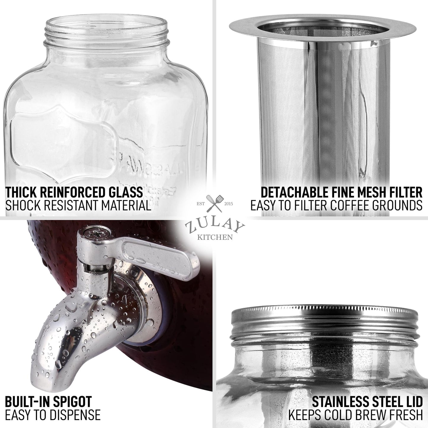 Zulay 1 Gallon/128oz Cold Brew Coffee Maker – Thick Glass Pitcher with Stainless Steel Filter, Lid & Spout – Large Mason Jar Container Dispenser - Iced Coffee & Sun Tea Brewer for Fridge – Silver