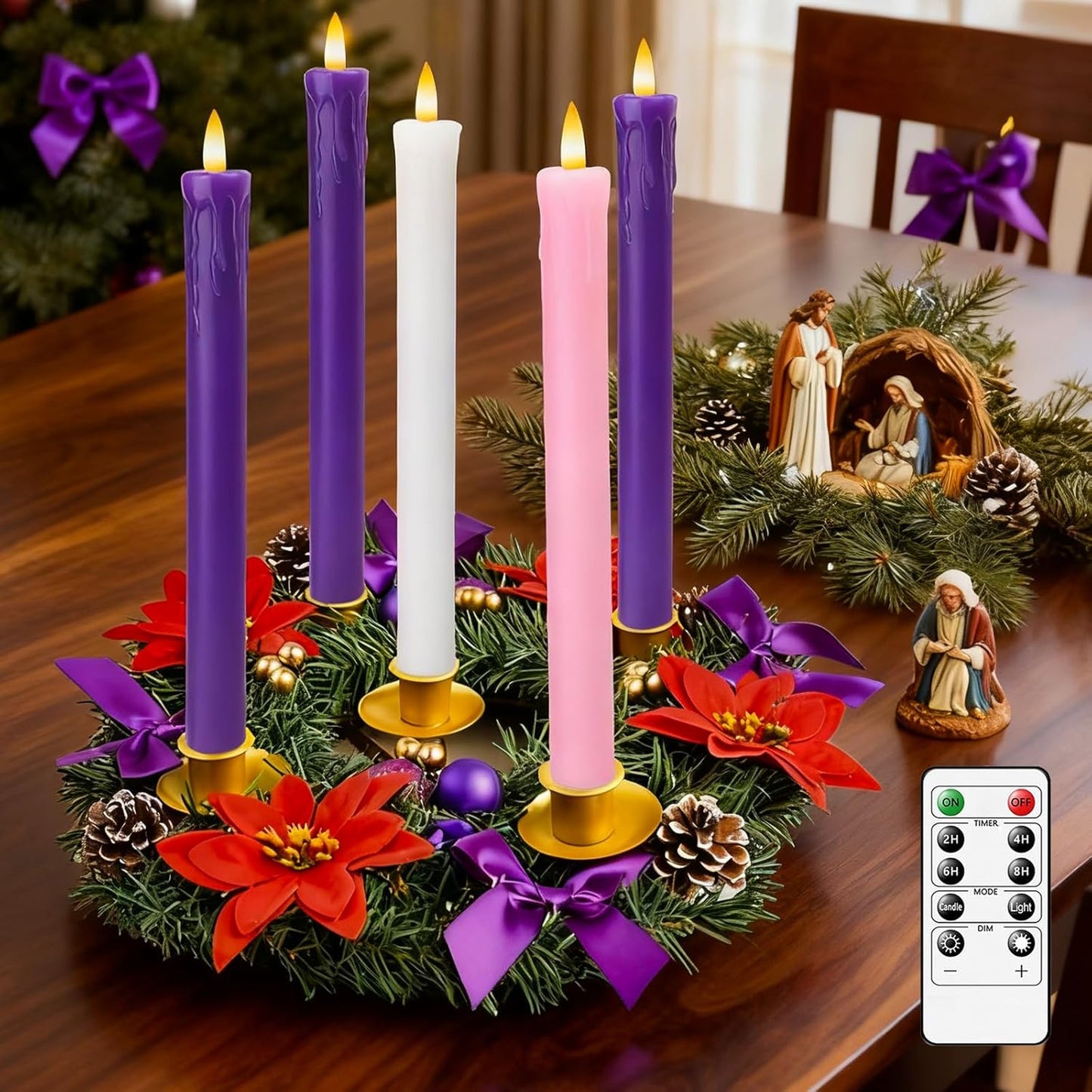 Lezonic Flameless Advent Candles - Battery Operated LED Taper Set of 5 | 3 Purple, 1 Pink, 1 White for Christmas Decor