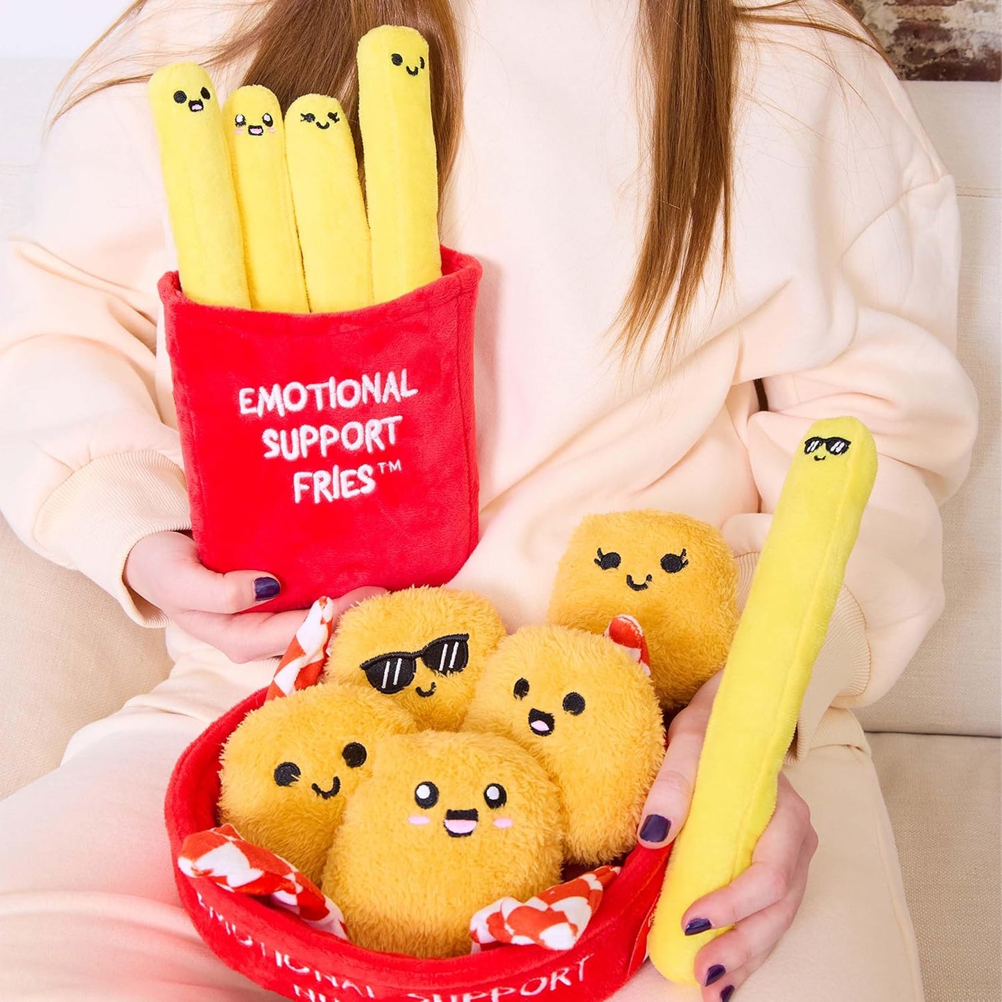 Relatable Emotional Support Fries | Cuddly Plush Toy Set with 5 Squishy Plushies & Basket - Perfect Gift for All Ages
