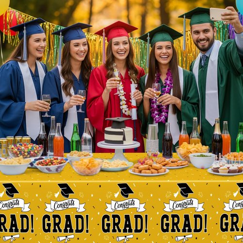 2 PCS 2026 Graduation Table Decorations, 108" X 54" Yellow Plastic Graduation Table cloths, Disposable Tablecover for Class 2026 Congrats Grad, Rectangle TableCloths for Grad Decor Party Supplies