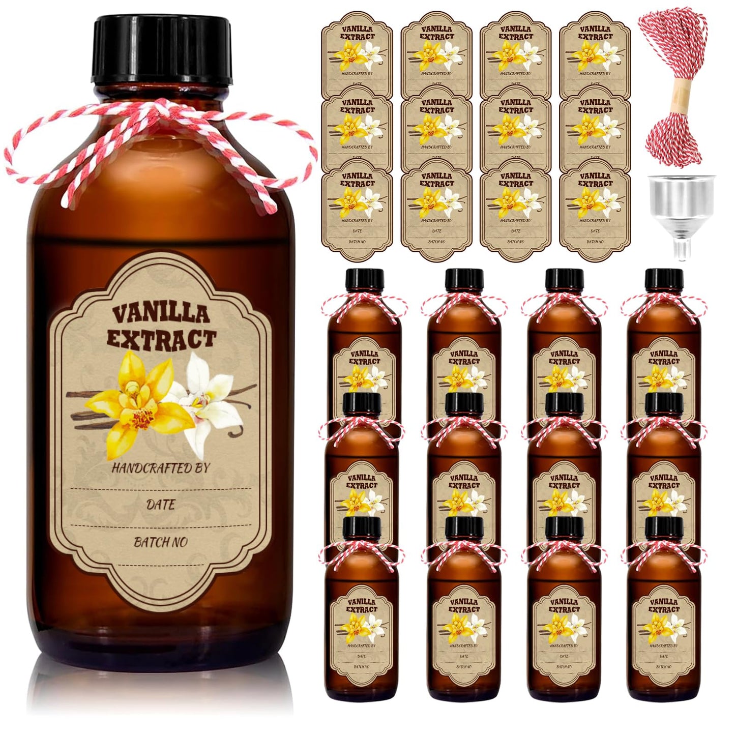 NVioAsport 12 Pack Amber Glass Vanilla Extract Bottles 4 oz with Lids, 12 PCS Vanilla Extract Labels and Funnel, Glass Boston Vanilla Bottles for Syrup Gift, Jars Glass Bottles for Vanilla Extract