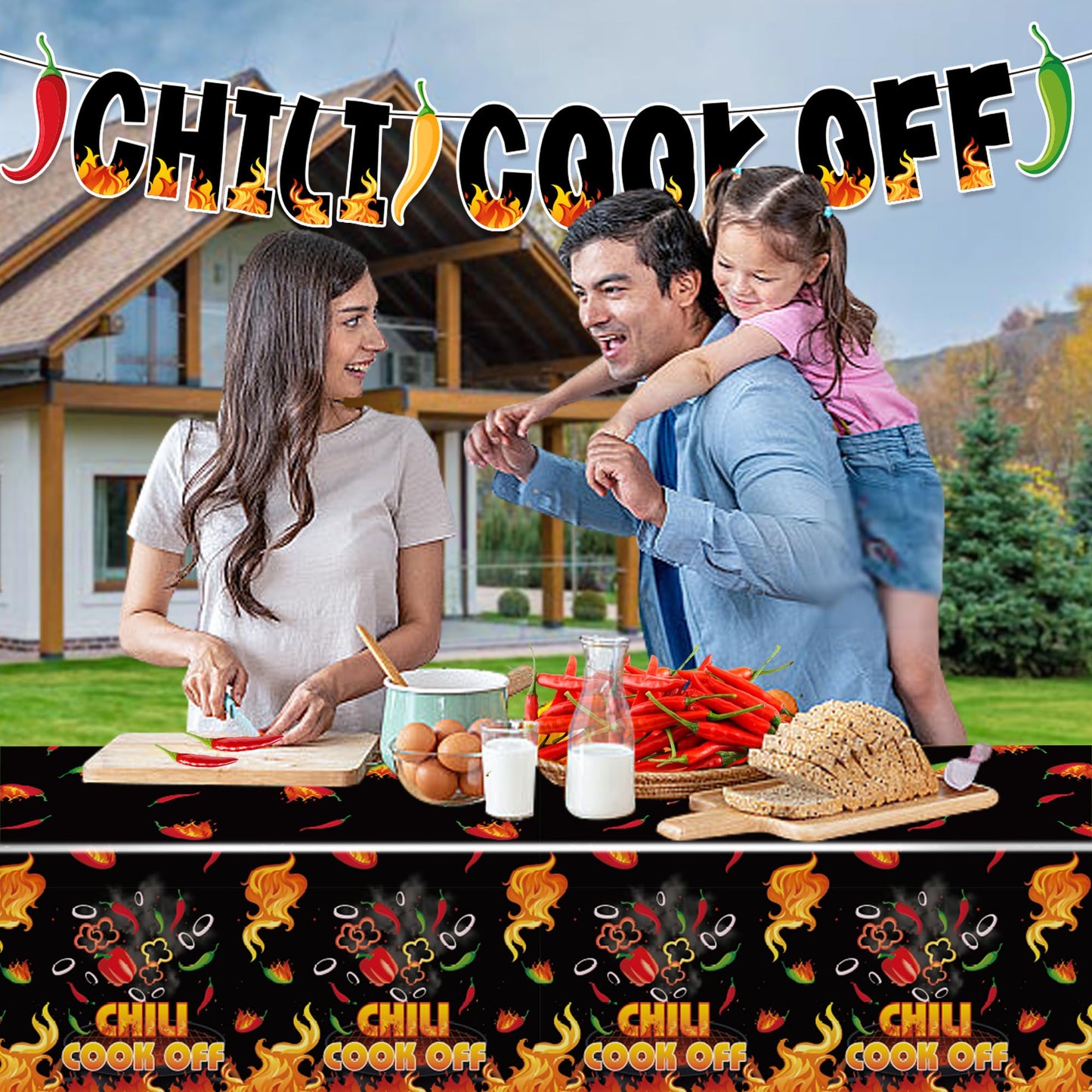 Iceyyyy 4 Pcs Black Chili Cook Off Table Decorations Set-108" x 54" Chilis Peppers Flame Table Covers 33 Ft Cooking Chili Contest Banner-Disposable Chilis Peppers Party Decorations for Party Supplies