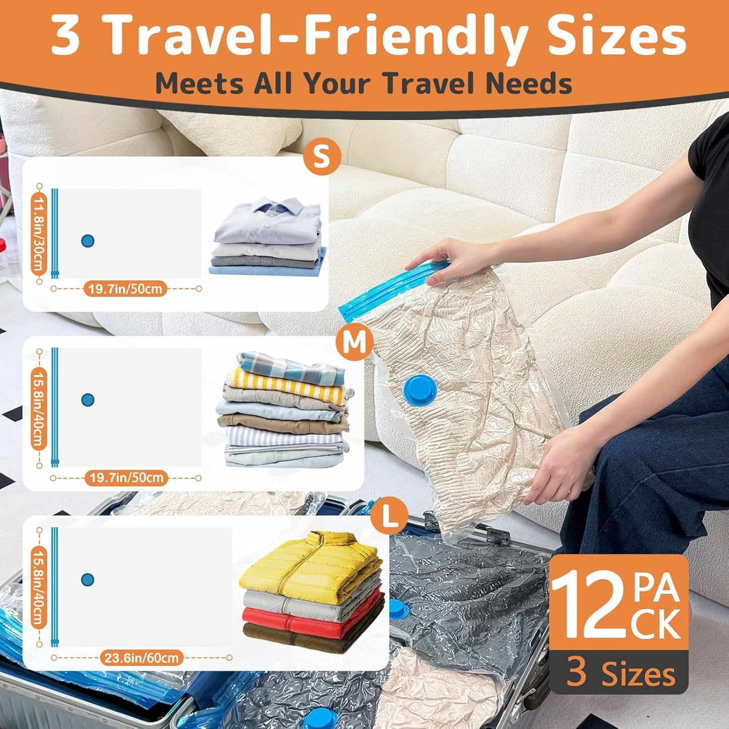 Skiennix Vacuum Bags - 12 Pack Travel Compression Bags with Rechargeable Air Pump | Space Saver for Luggage