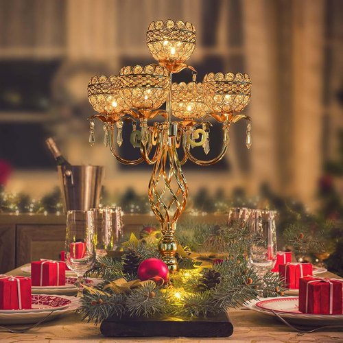 Elegant 5-Arm Candelabra | Crystal Pendant Centerpiece - 23.6 Inch Tall for Weddings & Home Decor