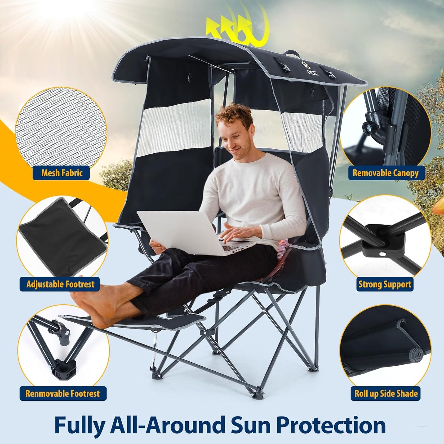 Nice C Heated Camping Chair with Canopy - Outdoor Folding Chair with Removable Footrest