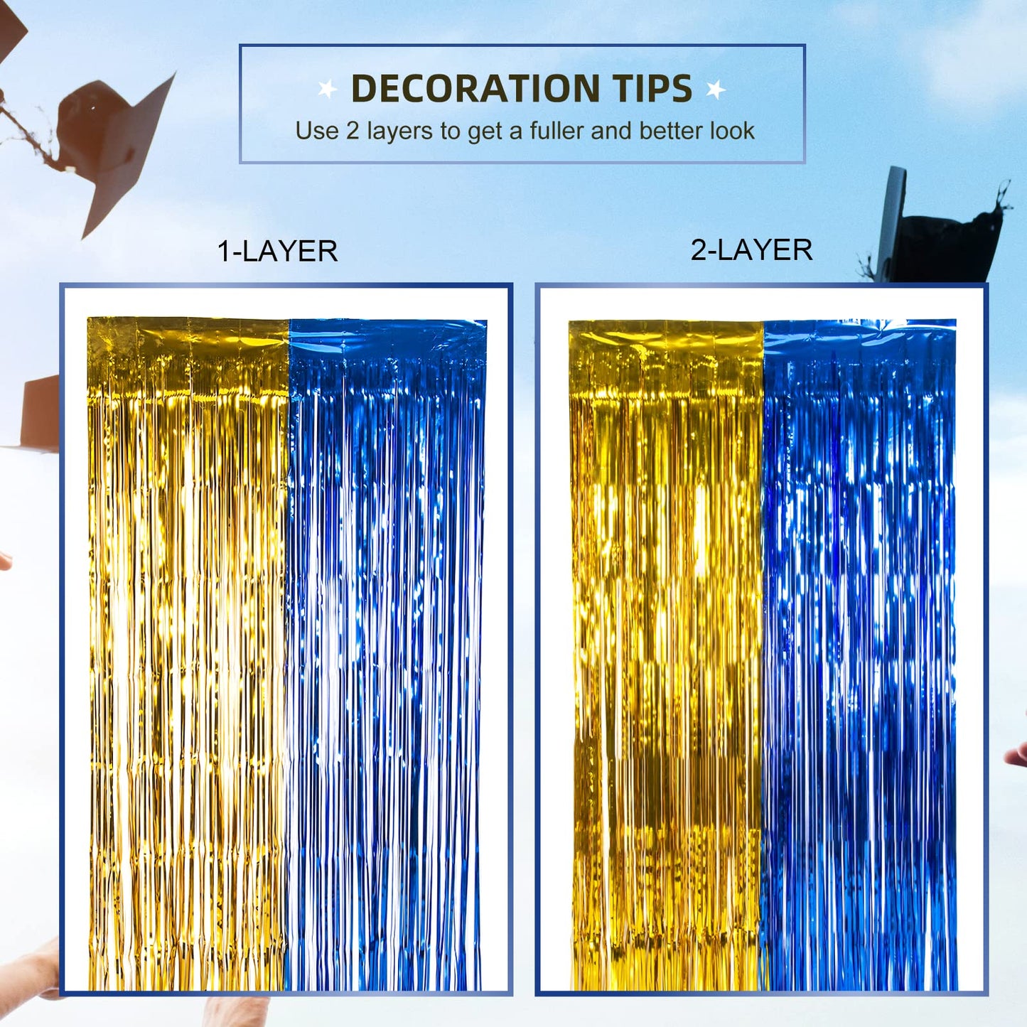 LOLStar Graduation Party Decoration, 2 Pack Blue and Gold 3.3x6.6 ft Foil Fringe Curtains, Tinsel Backdrop, Graduation Photo Booth Prop Streamer Backdrop for Class of 2026, Prom and Grad Party Decor