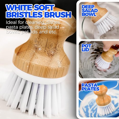 Holikme 6 Pack Dish Brush Scouring Pad Set with Bottle Brush, Dish Brush, Palm Scrub Brush and Straw Brush, Dish Scrubber Long Handle for Dish Bottle Cup Skillet Wok Pot Pan Cast Iron, White